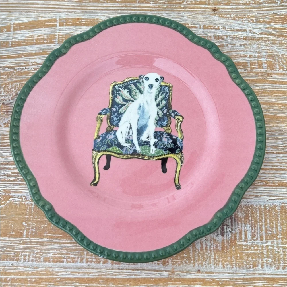 Anthropologie Pink & Green Dog Motif Dinnerware Plate
